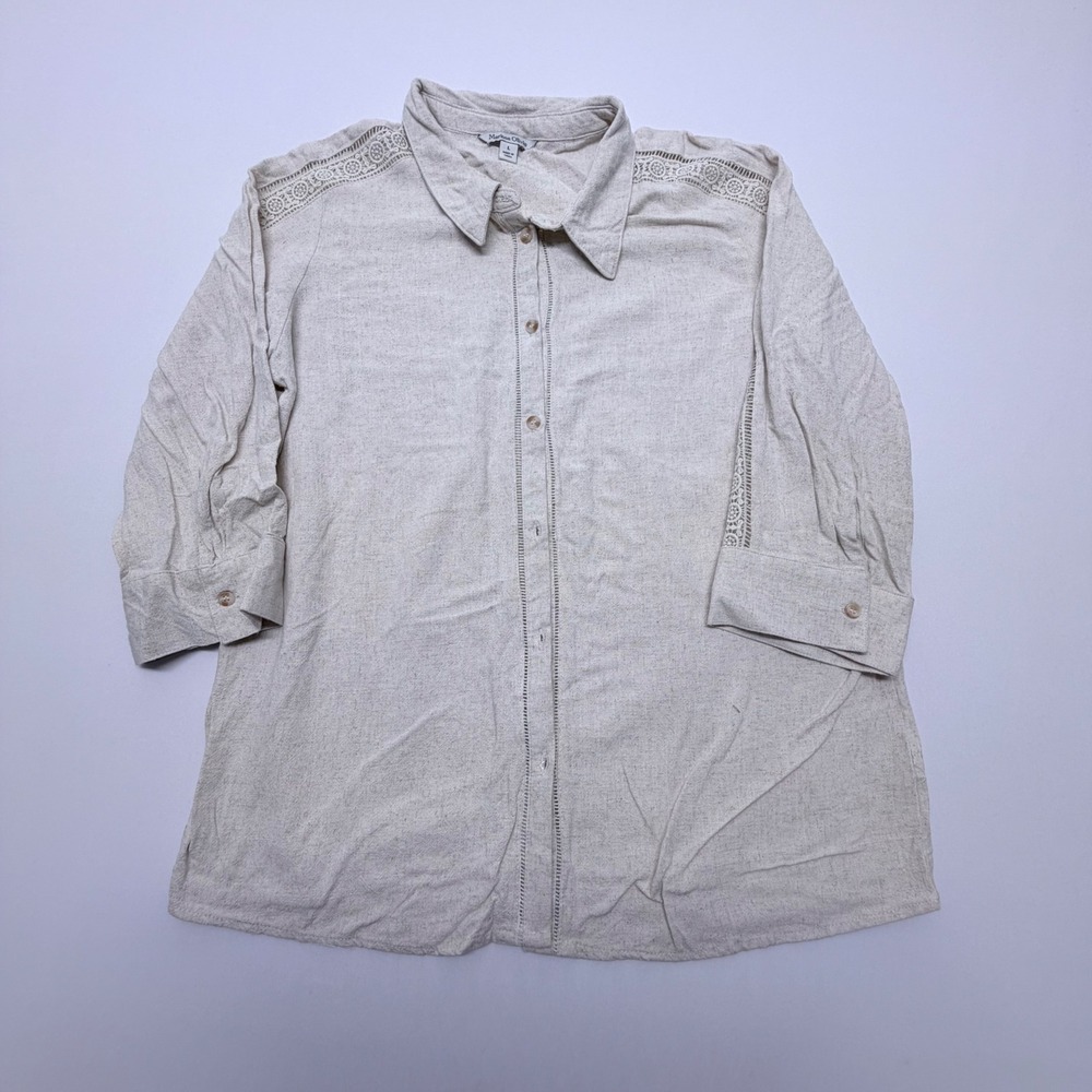 Marissa Olivia Linen Blend Crochet Lace Button Down Shirt Beige 3/4 Sleeve L